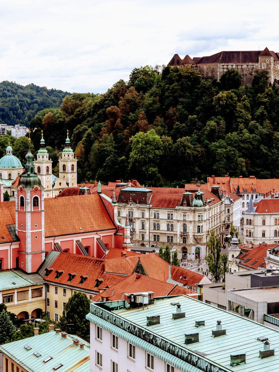 Ljubljana rooftops with the castle on the wooded hill above the old town