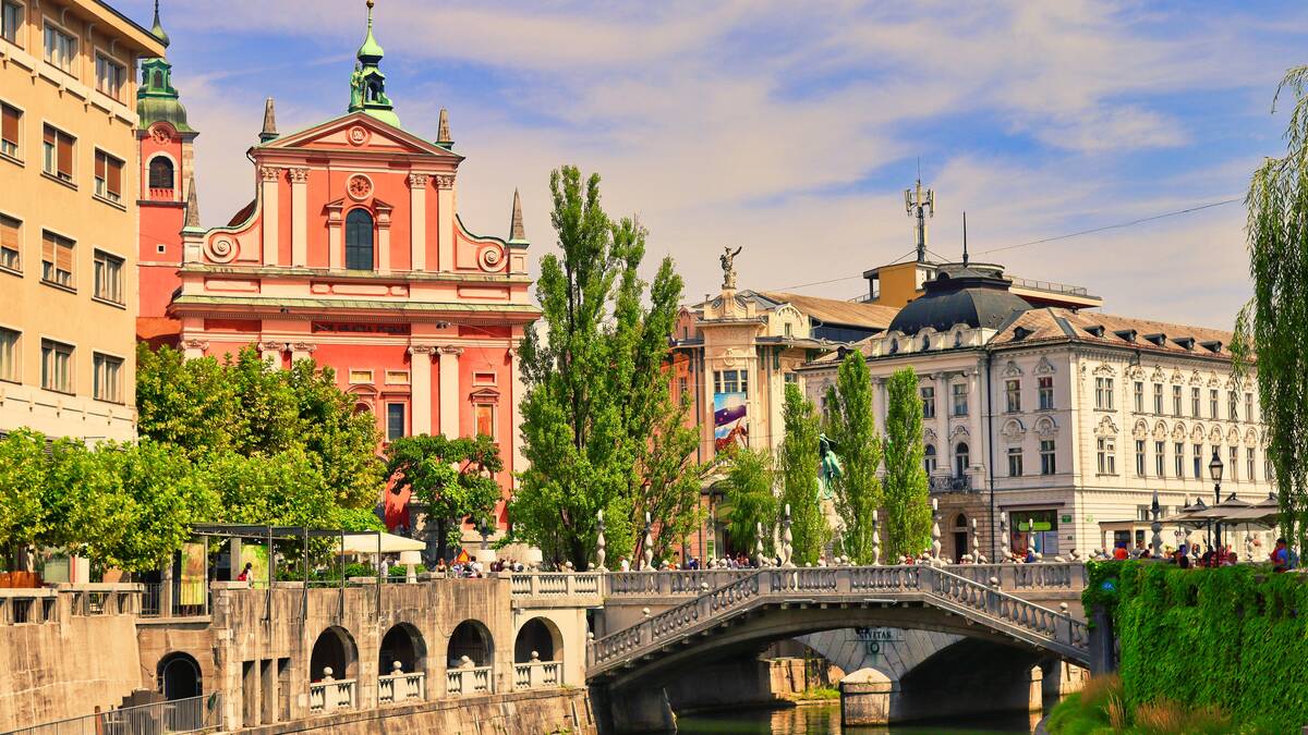 The Ljubljanica river, Triple Bridge and Franciscan Church in central Ljubljana